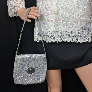 Silver Sequin Evening Purse / Bag with Body Chain